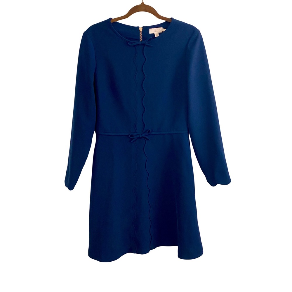 Ted Baker Preenna Navy Blue Scallop Bow Accent Dress Rose Gold Zip 3 Luxury US 8